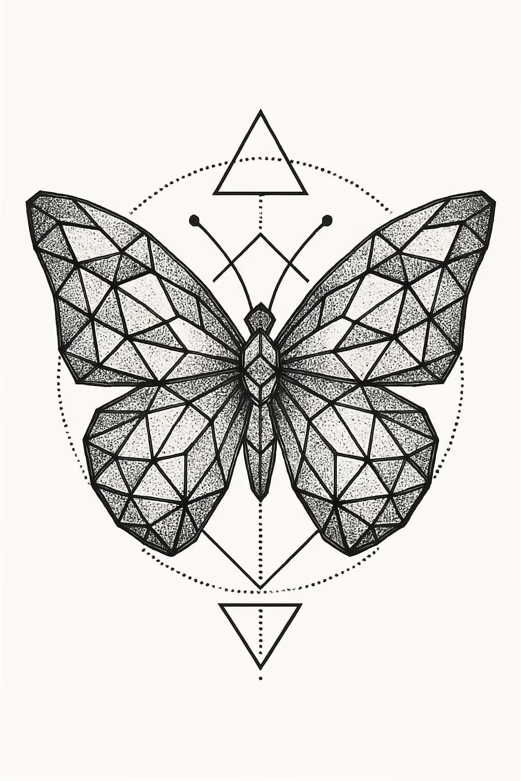 Tatuaje de mariposa geométrica, arte simétrico moderno