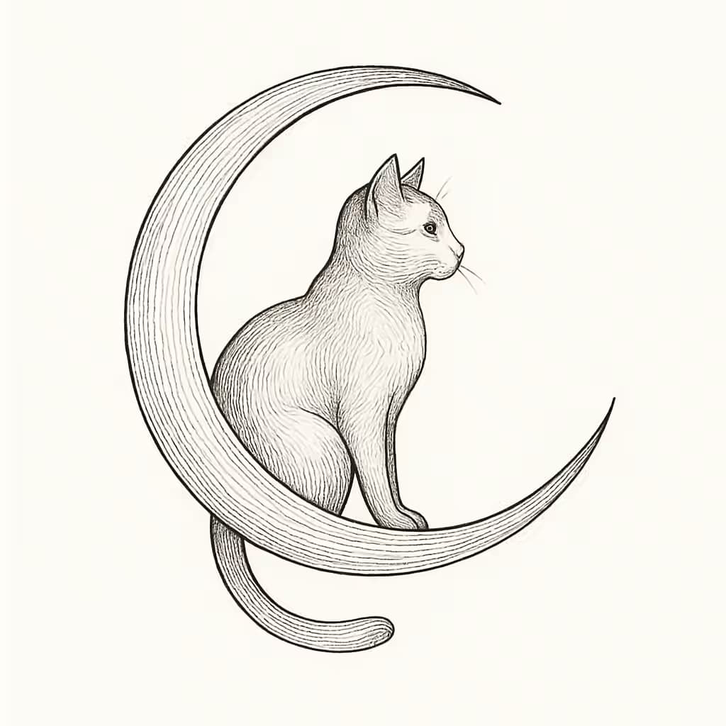 Tatuajes de gatos luna creciente diseño fino línea
