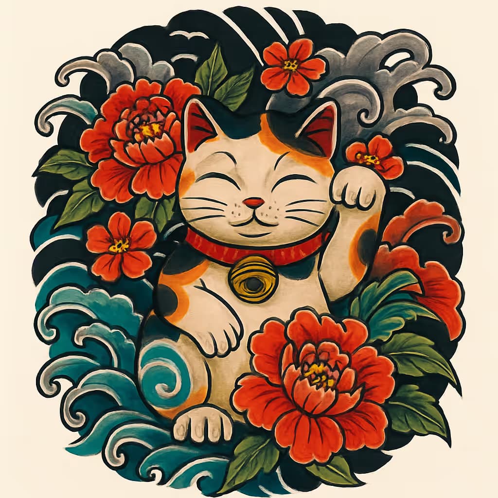 Tatuajes de gatos de la suerte estilo japonés