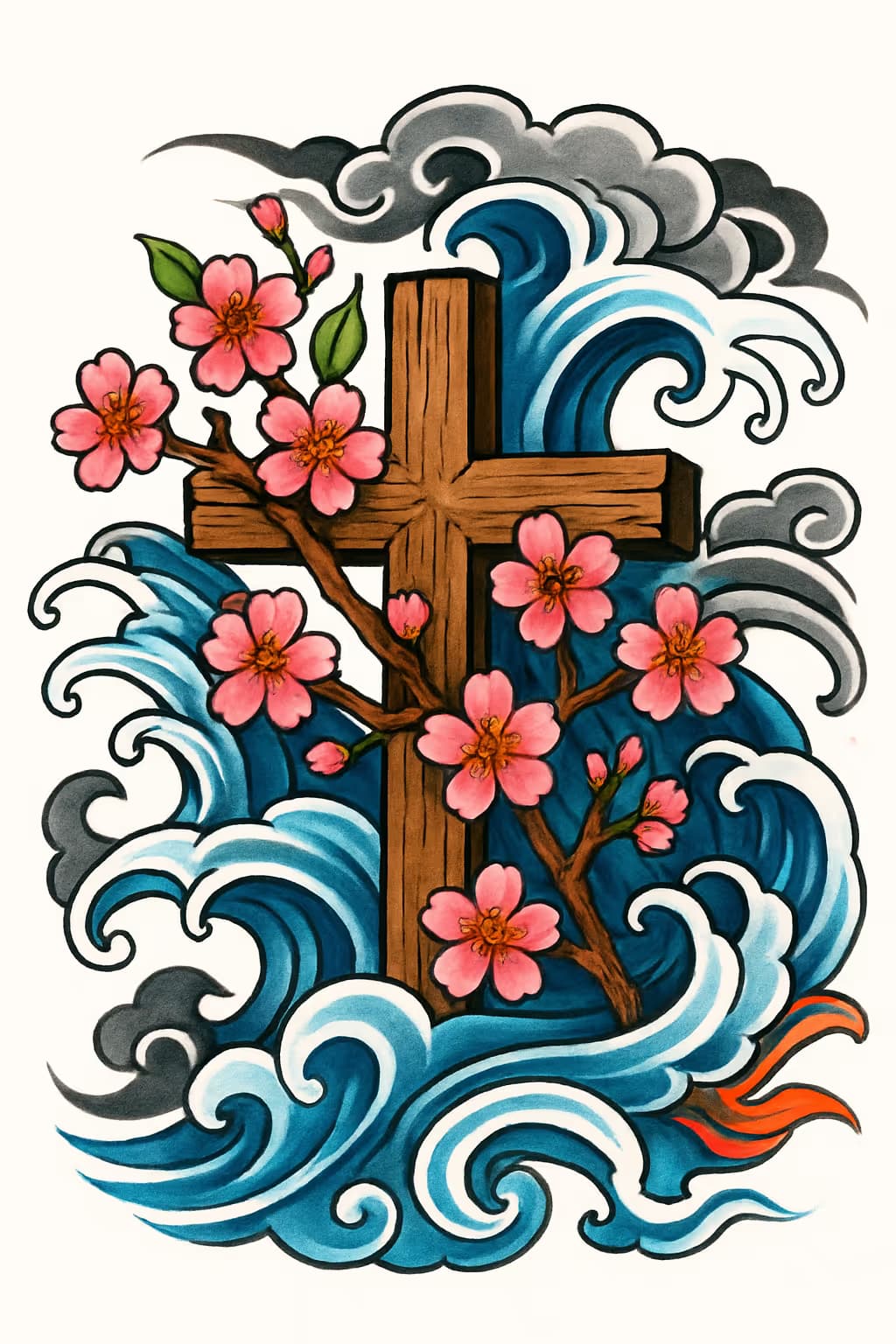 十字架纹身与樱花波浪日式风格设计