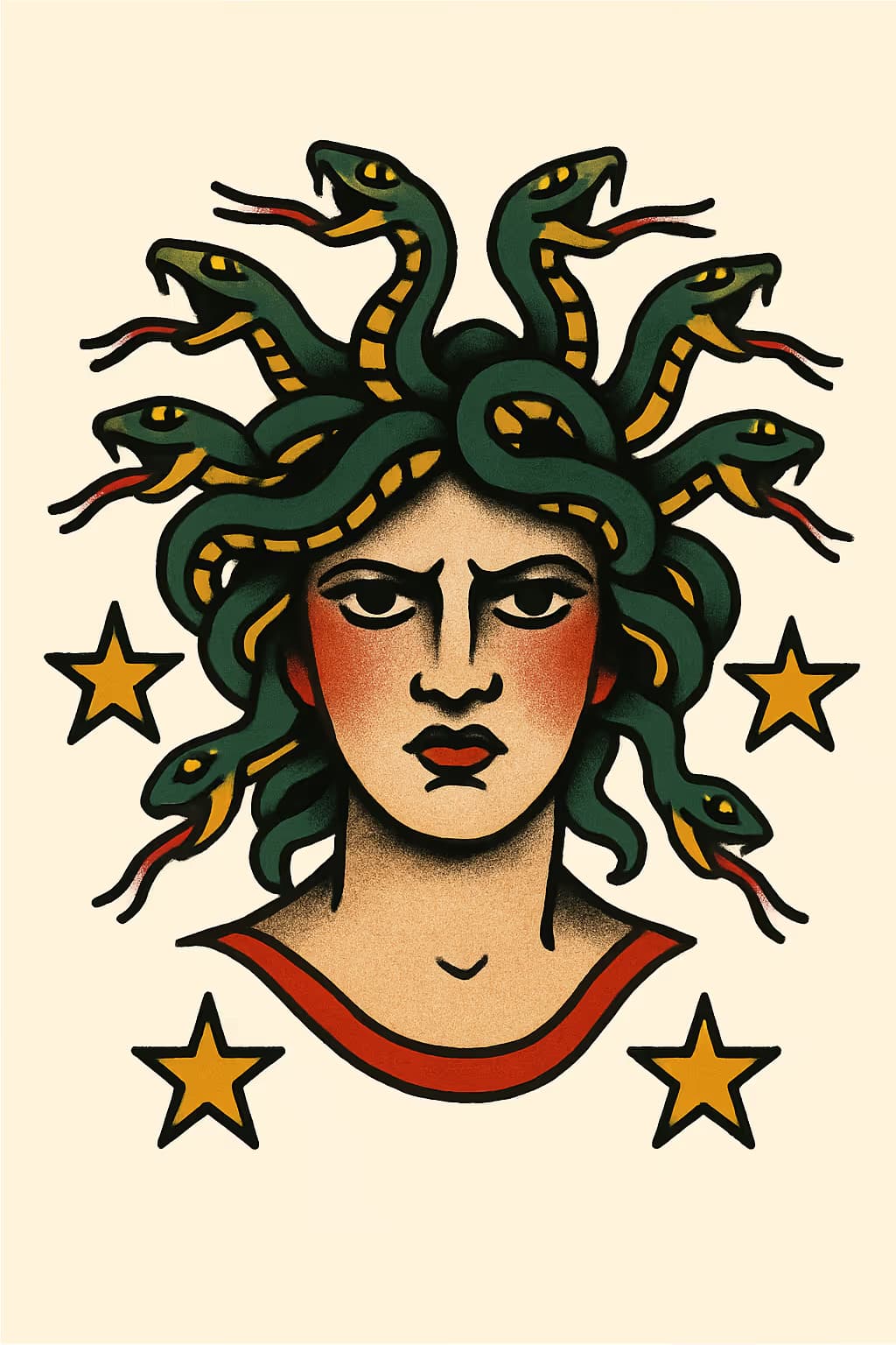Tatuaje de Medusa American Traditional impactante