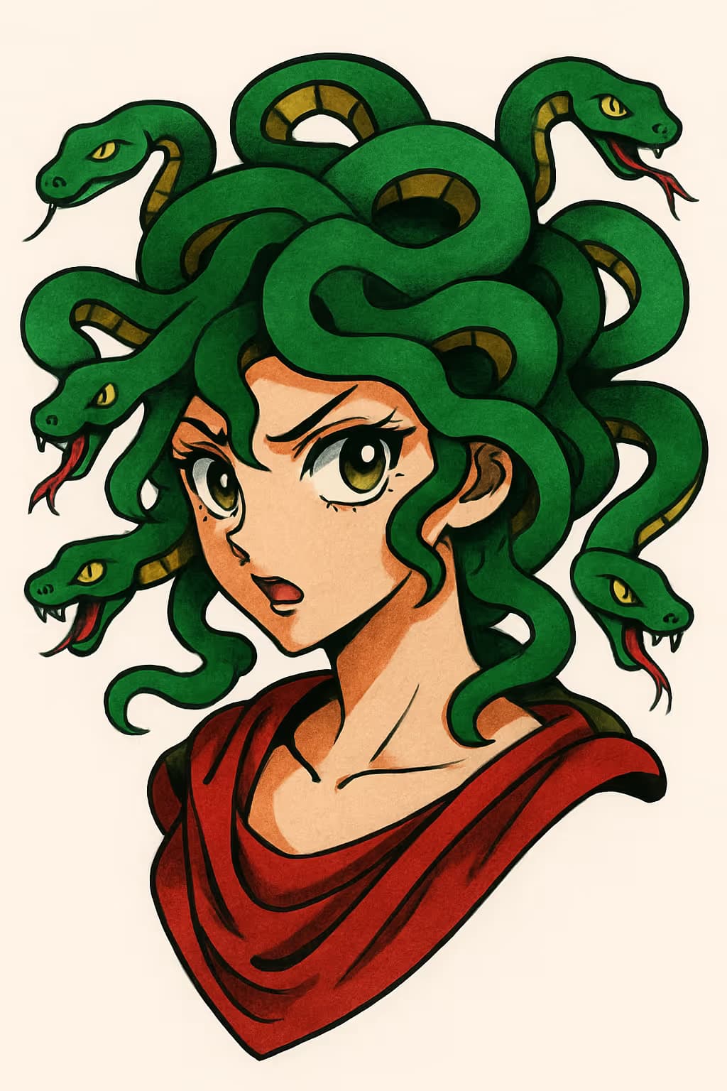 Tatuaje de Medusa estilo anime con mirada intensa