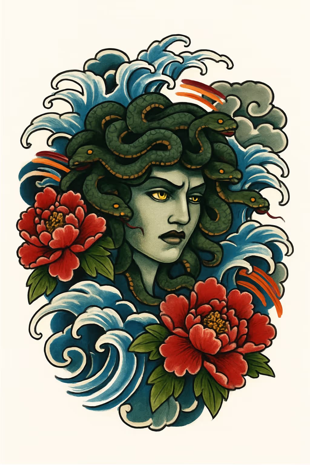Tatuaje de Medusa japonés con olas y flores