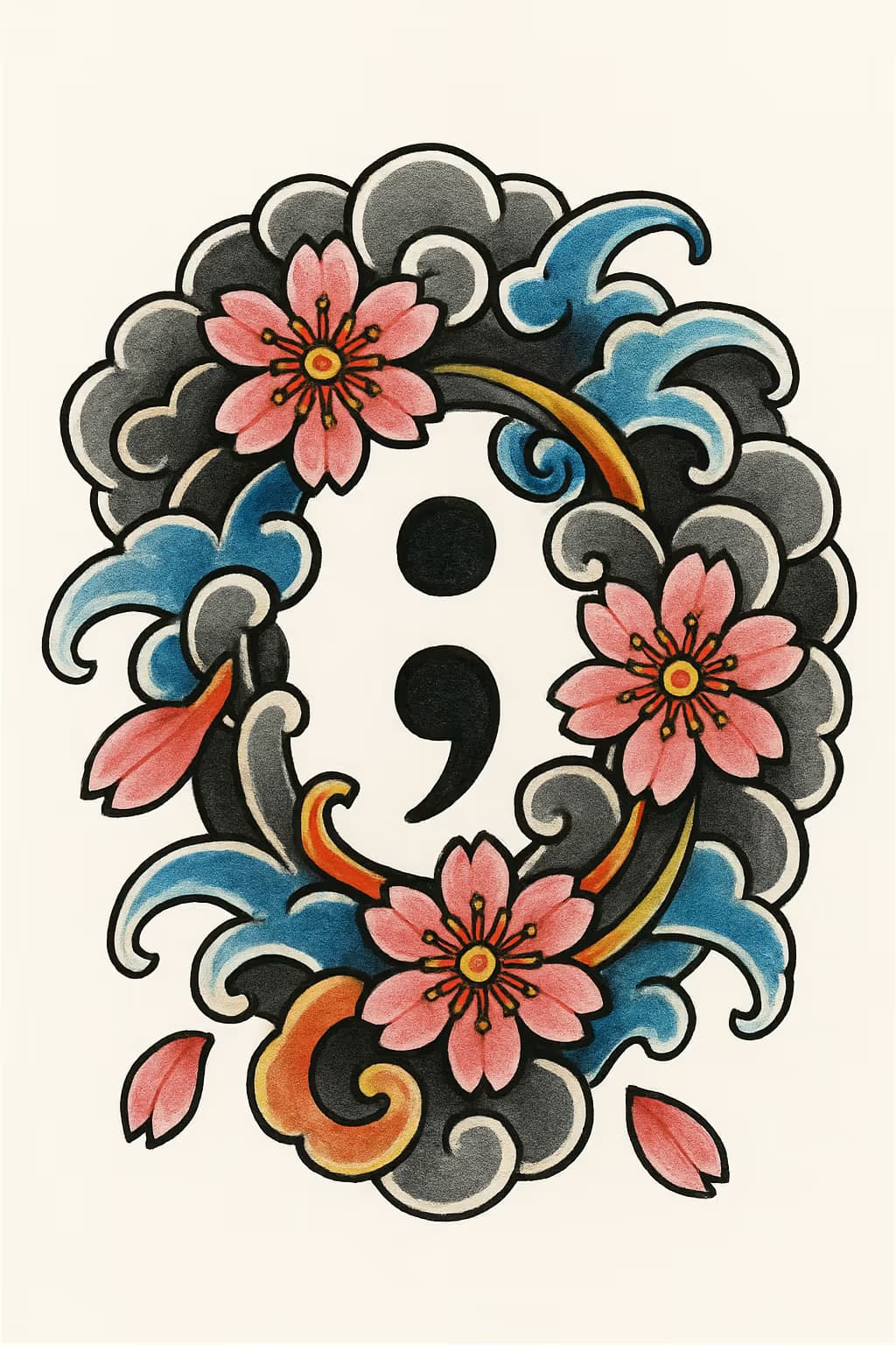 分號紋身日式櫻花設計,流動唯美寓意重生