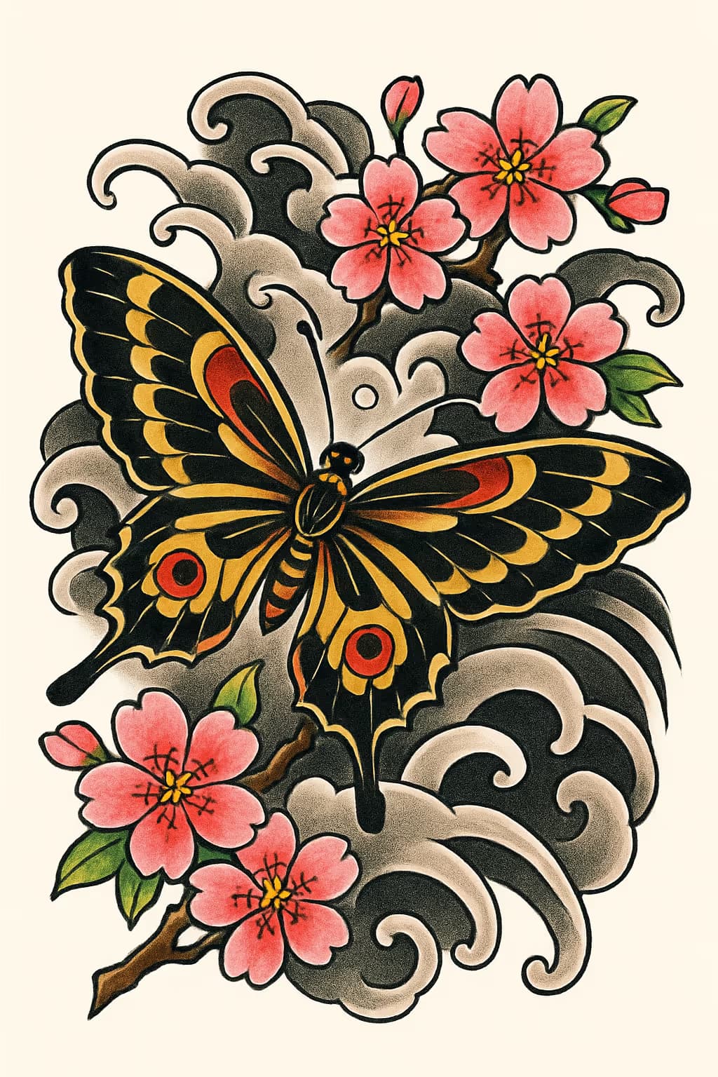 Tatuaje de mariposa japonés con flores