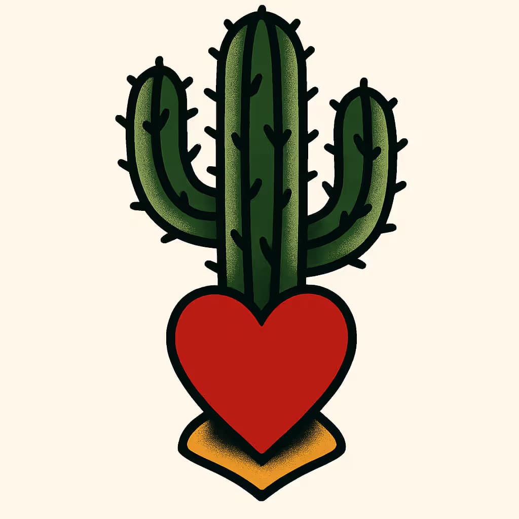 Tatuaje de cactus tradicional con corazón rojo